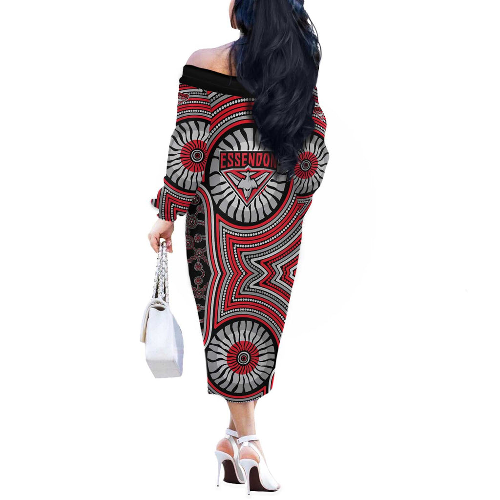 Essendon Football Club Off The Shoulder Long Sleeve Dress Indigenous Monochrome Dot Art Mascot Style