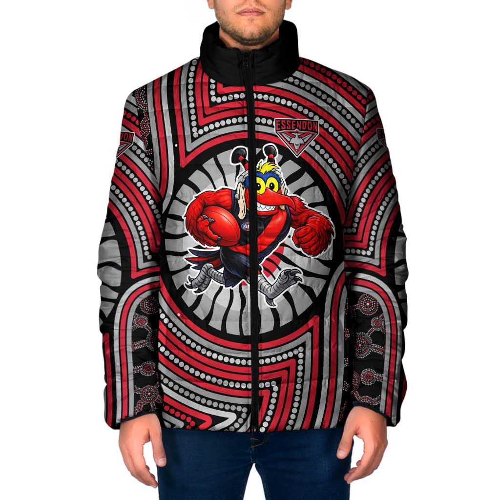 Essendon Football Club Padded Jacket Indigenous Monochrome Dot Art Mascot Style