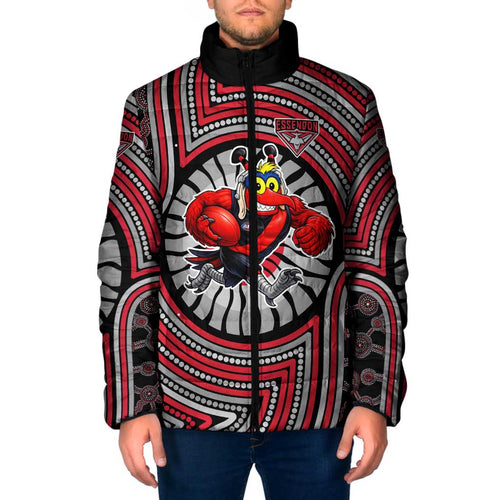 Essendon Football Club Padded Jacket Indigenous Monochrome Dot Art Mascot Style