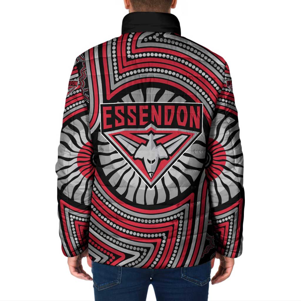Essendon Football Club Padded Jacket Indigenous Monochrome Dot Art Mascot Style