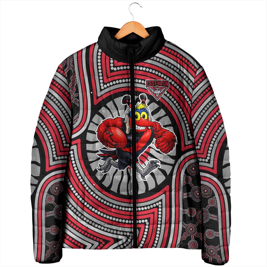 Essendon Football Club Padded Jacket Indigenous Monochrome Dot Art Mascot Style
