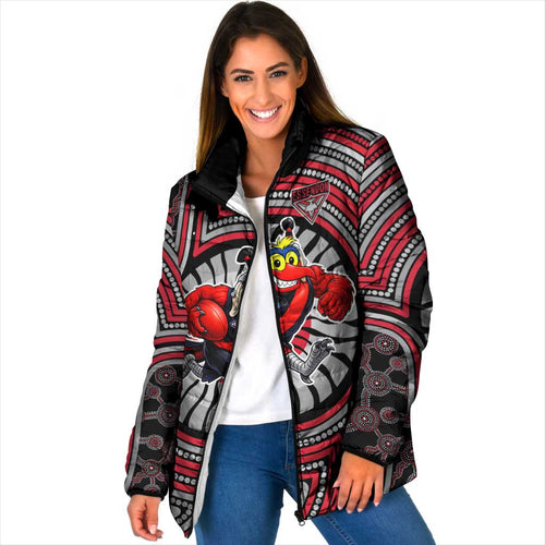 Essendon Football Club Padded Jacket Indigenous Monochrome Dot Art Mascot Style