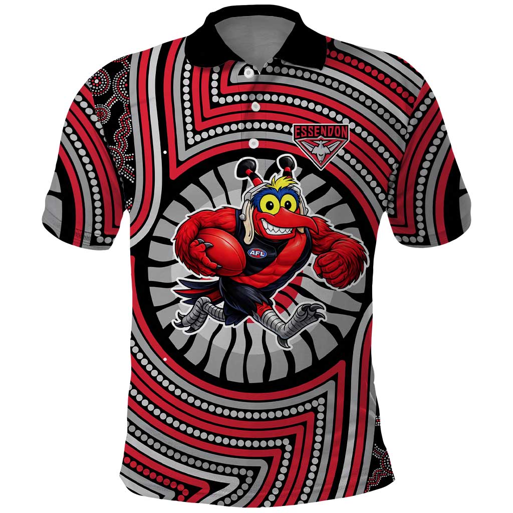 Essendon Football Club Polo Shirt Indigenous Monochrome Dot Art Mascot Style