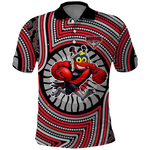 Essendon Football Club Polo Shirt Indigenous Monochrome Dot Art Mascot Style
