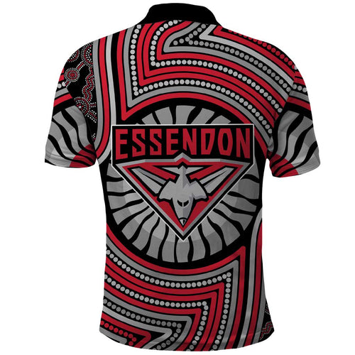 Essendon Football Club Polo Shirt Indigenous Monochrome Dot Art Mascot Style