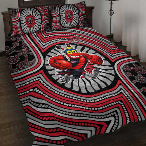 Essendon Football Club Quilt Bed Set Indigenous Monochrome Dot Art Mascot Style