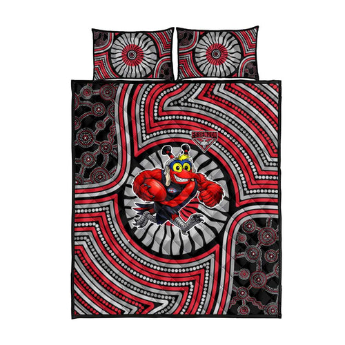 Essendon Football Club Quilt Bed Set Indigenous Monochrome Dot Art Mascot Style