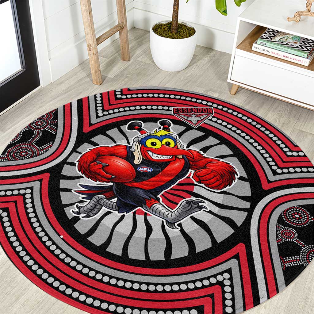 Essendon Football Club Round Carpet Indigenous Monochrome Dot Art Mascot Style