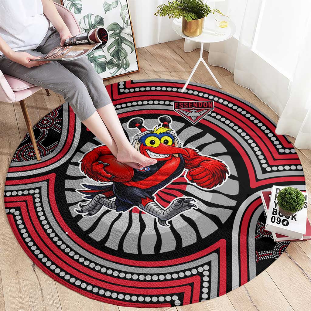 Essendon Football Club Round Carpet Indigenous Monochrome Dot Art Mascot Style