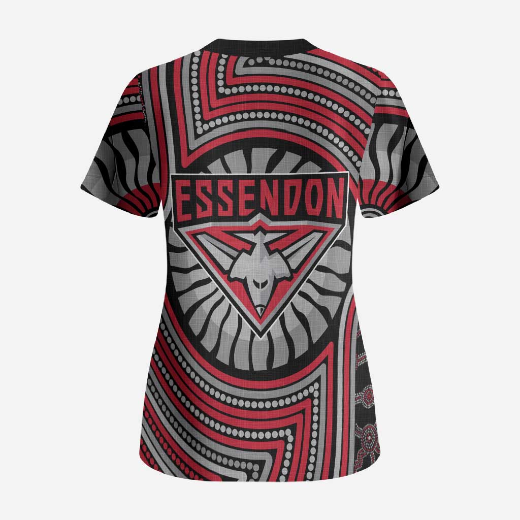 Essendon Football Club Scrub Top Indigenous Monochrome Dot Art Mascot Style