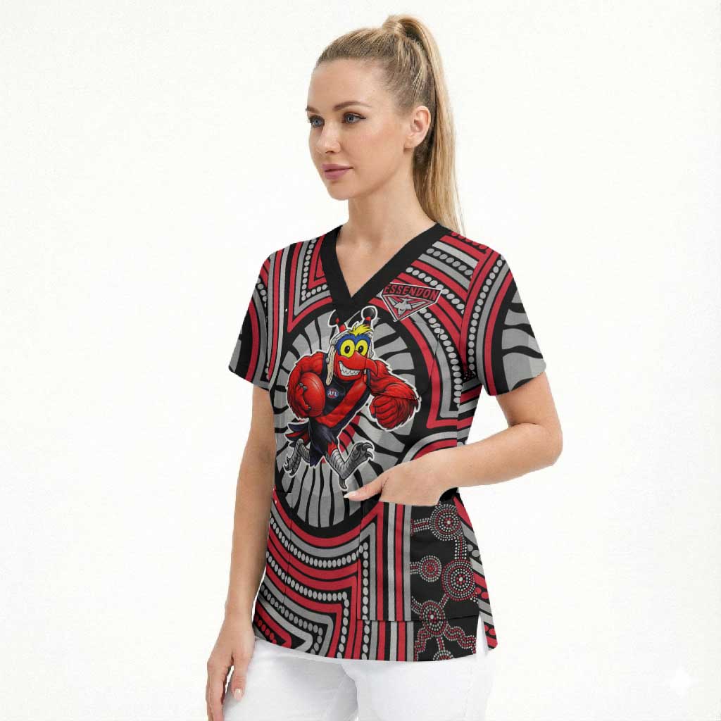 Essendon Football Club Scrub Top Indigenous Monochrome Dot Art Mascot Style
