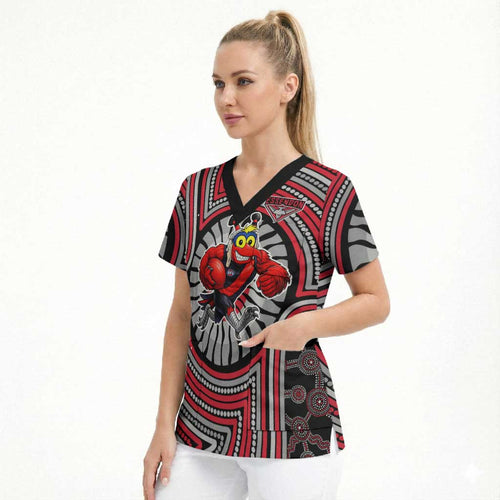 Essendon Football Club Scrub Top Indigenous Monochrome Dot Art Mascot Style