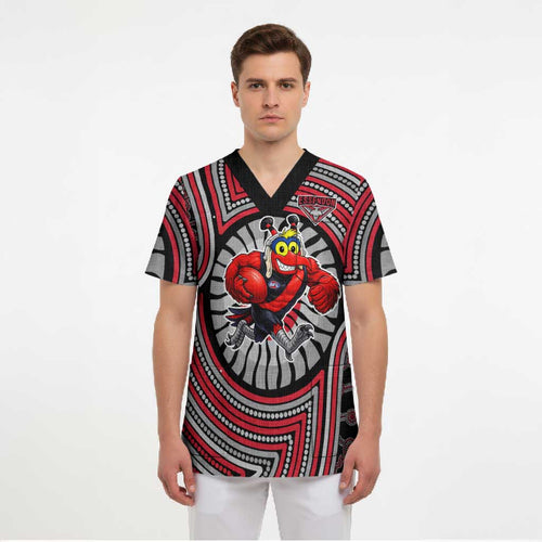 Essendon Football Club Scrub Top Indigenous Monochrome Dot Art Mascot Style
