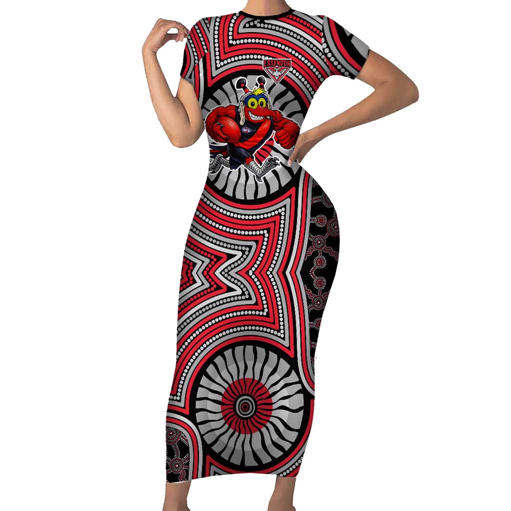 Essendon Football Club Short Sleeve Bodycon Dress Indigenous Monochrome Dot Art Mascot Style