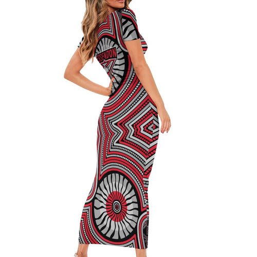 Essendon Football Club Short Sleeve Bodycon Dress Indigenous Monochrome Dot Art Mascot Style