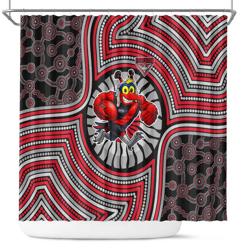 Essendon Football Club Shower Curtain Indigenous Monochrome Dot Art Mascot Style