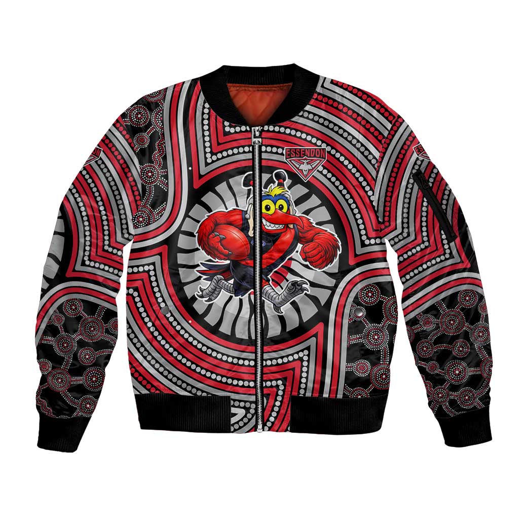 Essendon Football Club Sleeve Zip Bomber Jacket Indigenous Monochrome Dot Art Mascot Style