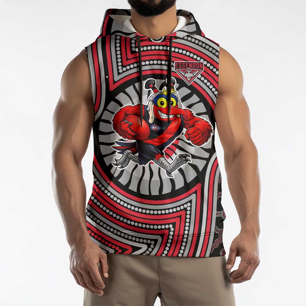 Essendon Football Club Sleeveless Hoodie Indigenous Monochrome Dot Art Mascot Style