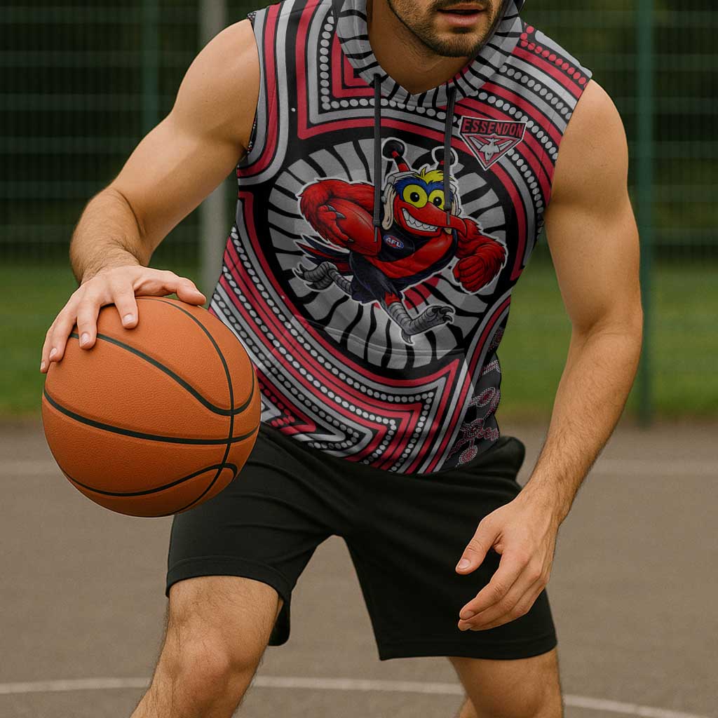 Essendon Football Club Sleeveless Hoodie Indigenous Monochrome Dot Art Mascot Style