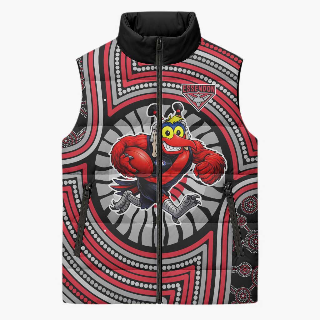 Essendon Football Club Sleeveless Puffer Jacket Indigenous Monochrome Dot Art Mascot Style