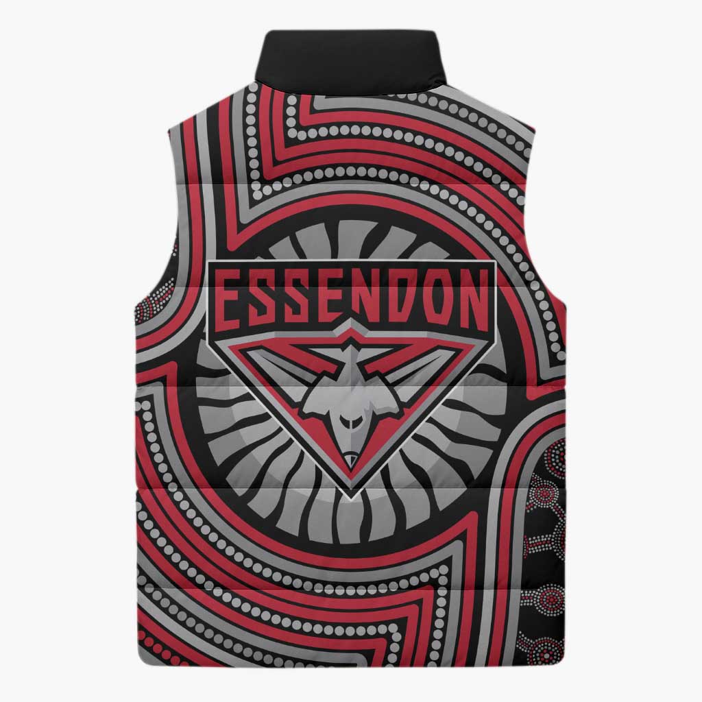 Essendon Football Club Sleeveless Puffer Jacket Indigenous Monochrome Dot Art Mascot Style