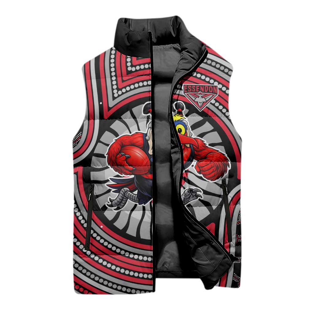 Essendon Football Club Sleeveless Puffer Jacket Indigenous Monochrome Dot Art Mascot Style