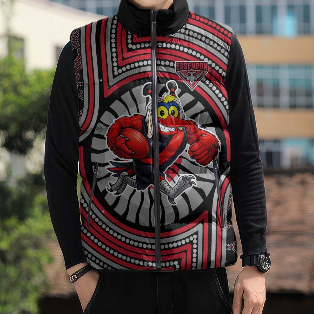 Essendon Football Club Sleeveless Puffer Jacket Indigenous Monochrome Dot Art Mascot Style