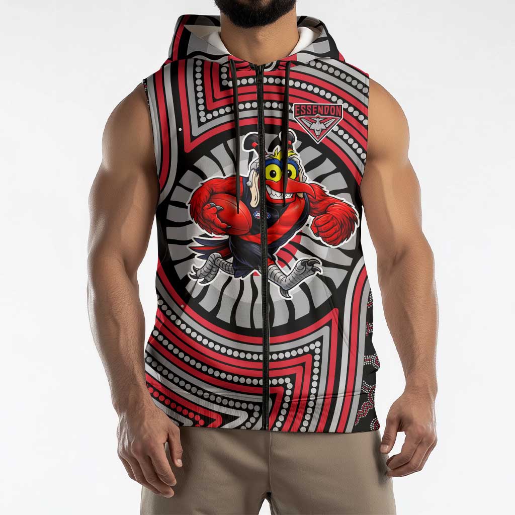 Essendon Football Club Sleeveless Zip Hoodie Indigenous Monochrome Dot Art Mascot Style