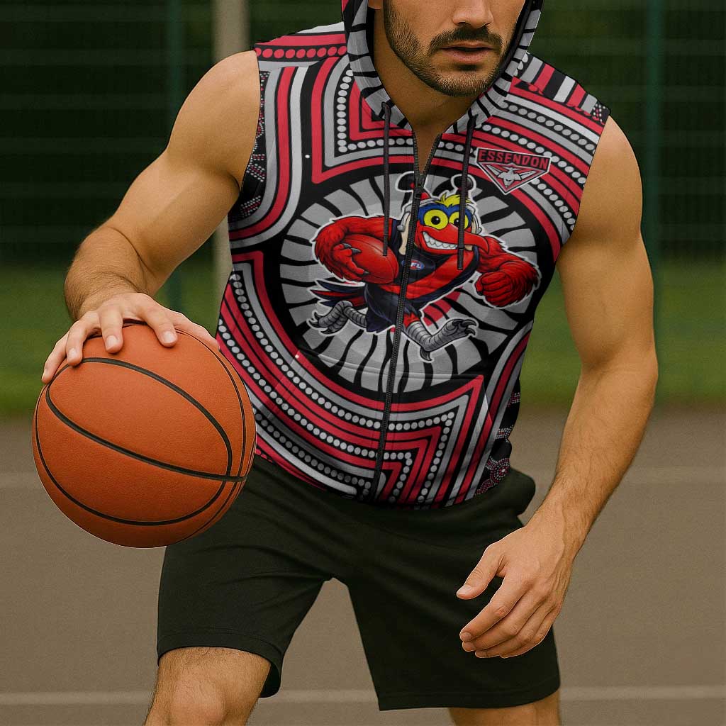 Essendon Football Club Sleeveless Zip Hoodie Indigenous Monochrome Dot Art Mascot Style