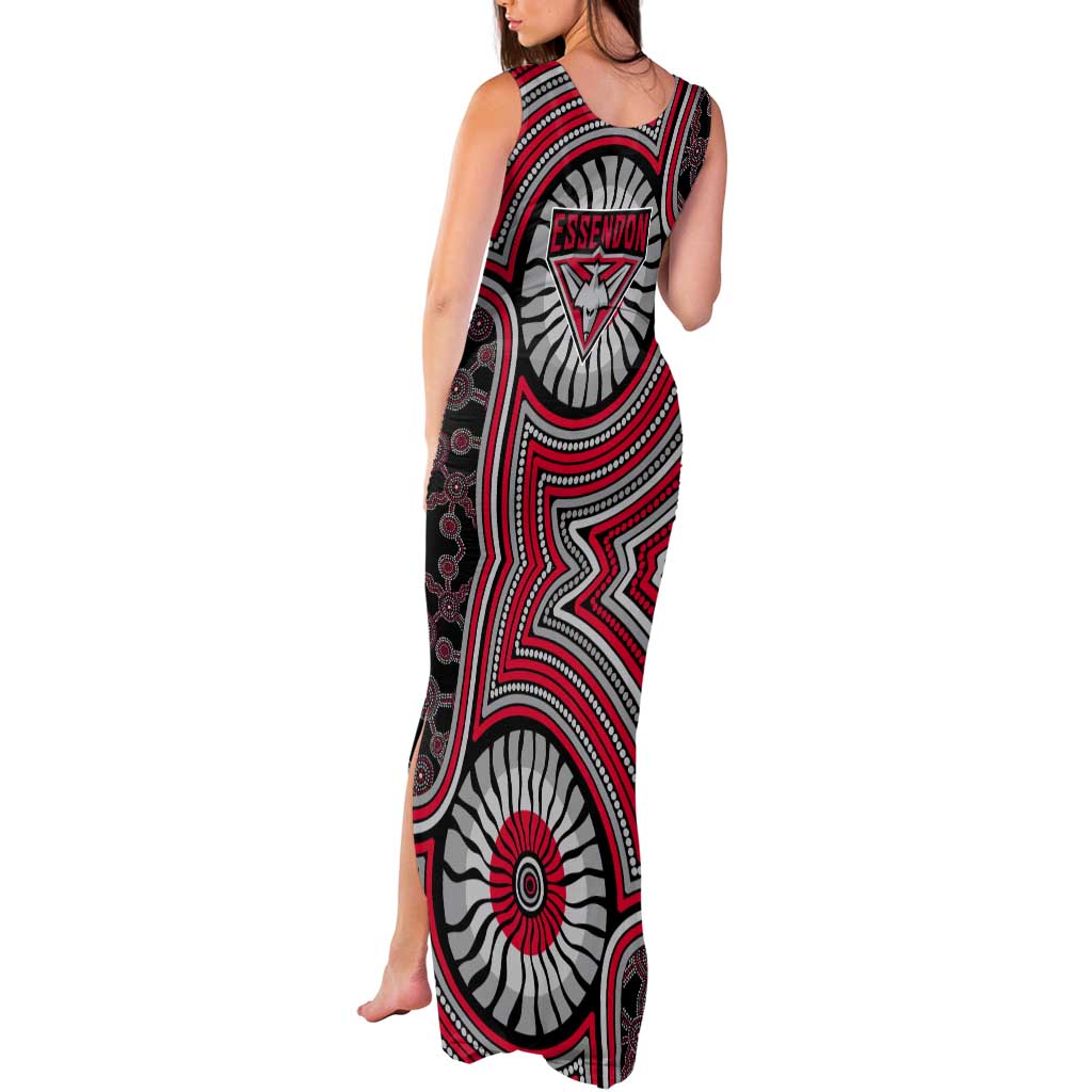 Essendon Football Club Tank Maxi Dress Indigenous Monochrome Dot Art Mascot Style