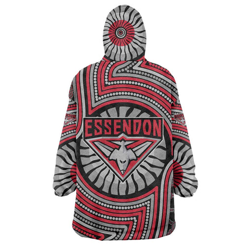 Essendon Football Club Wearable Blanket Hoodie Indigenous Monochrome Dot Art Mascot Style