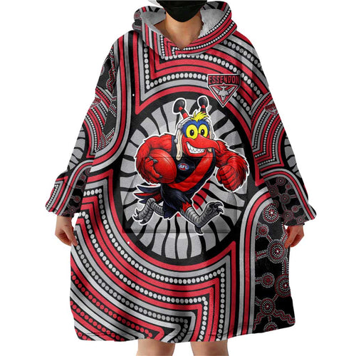 Essendon Football Club Wearable Blanket Hoodie Indigenous Monochrome Dot Art Mascot Style