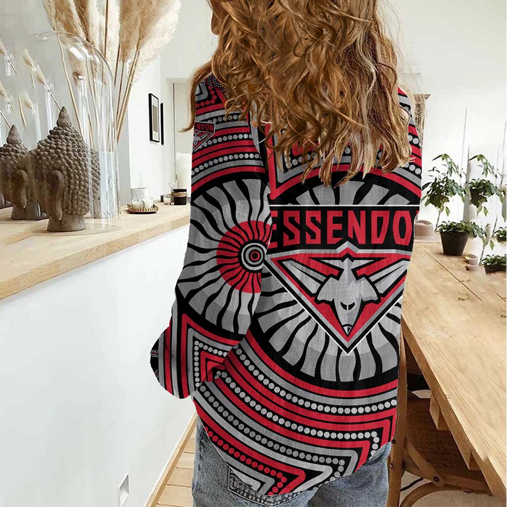 Essendon Football Club Women Casual Shirt Indigenous Monochrome Dot Art Mascot Style