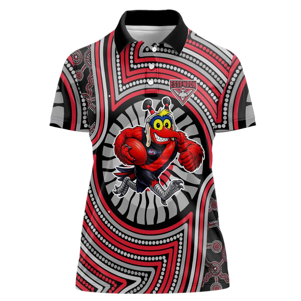 Essendon Football Club Women Polo Shirt Indigenous Monochrome Dot Art Mascot Style