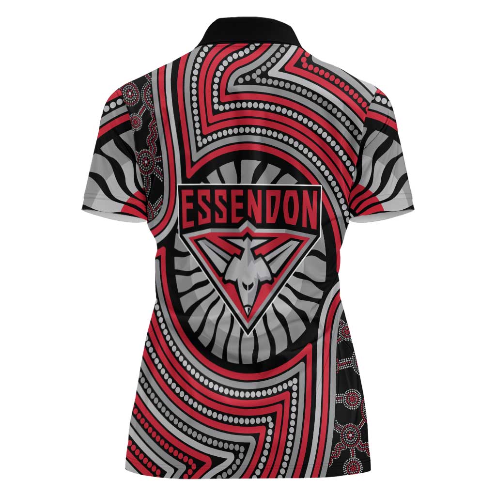 Essendon Football Club Women Polo Shirt Indigenous Monochrome Dot Art Mascot Style