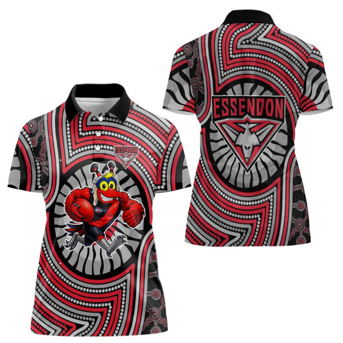 Essendon Football Club Women Polo Shirt Indigenous Monochrome Dot Art Mascot Style