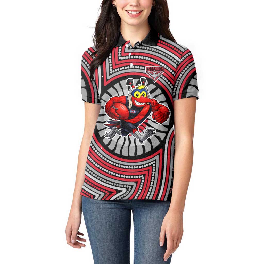 Essendon Football Club Women Polo Shirt Indigenous Monochrome Dot Art Mascot Style