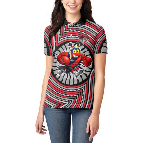 Essendon Football Club Women Polo Shirt Indigenous Monochrome Dot Art Mascot Style