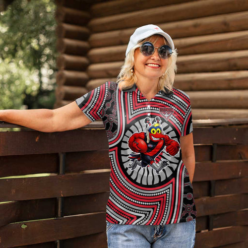 Essendon Football Club Women Polo Shirt Indigenous Monochrome Dot Art Mascot Style