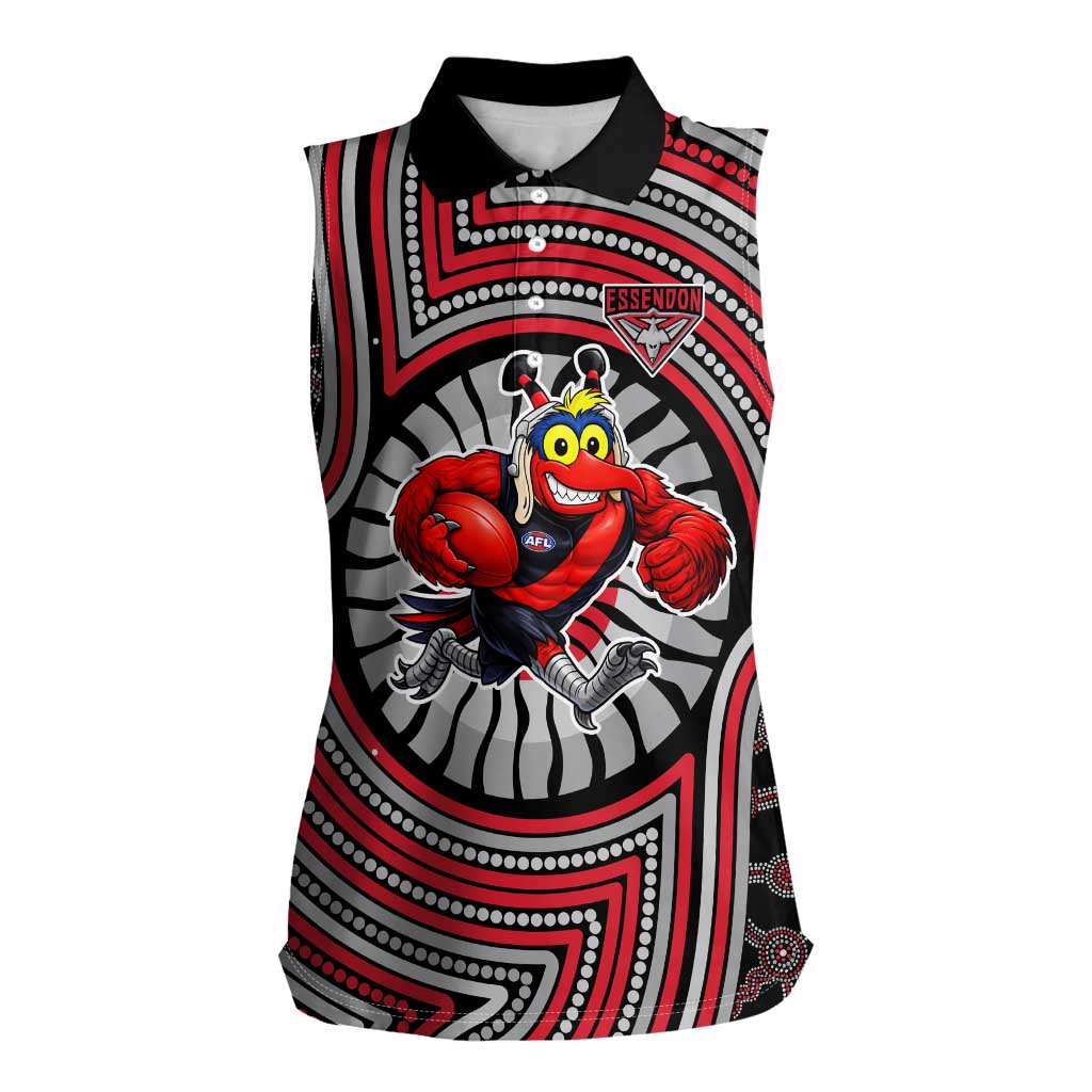 Essendon Football Club Women Sleeveless Polo Shirt Indigenous Monochrome Dot Art Mascot Style