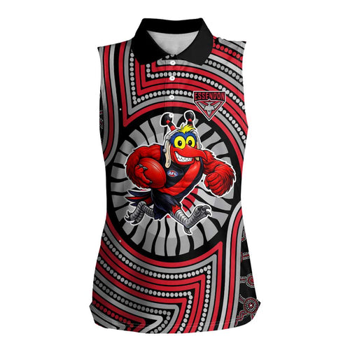 Essendon Football Club Women Sleeveless Polo Shirt Indigenous Monochrome Dot Art Mascot Style