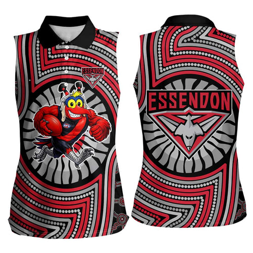 Essendon Football Club Women Sleeveless Polo Shirt Indigenous Monochrome Dot Art Mascot Style