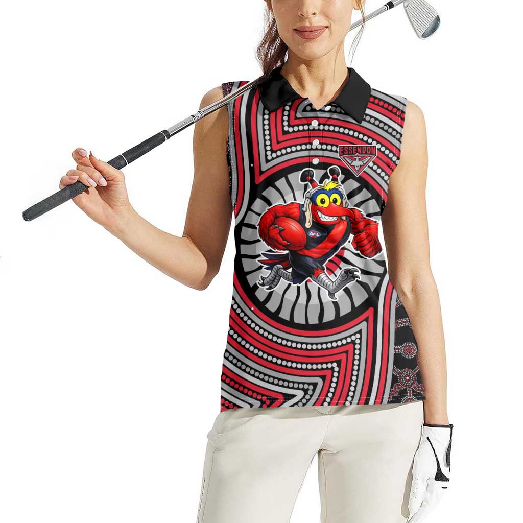 Essendon Football Club Women Sleeveless Polo Shirt Indigenous Monochrome Dot Art Mascot Style