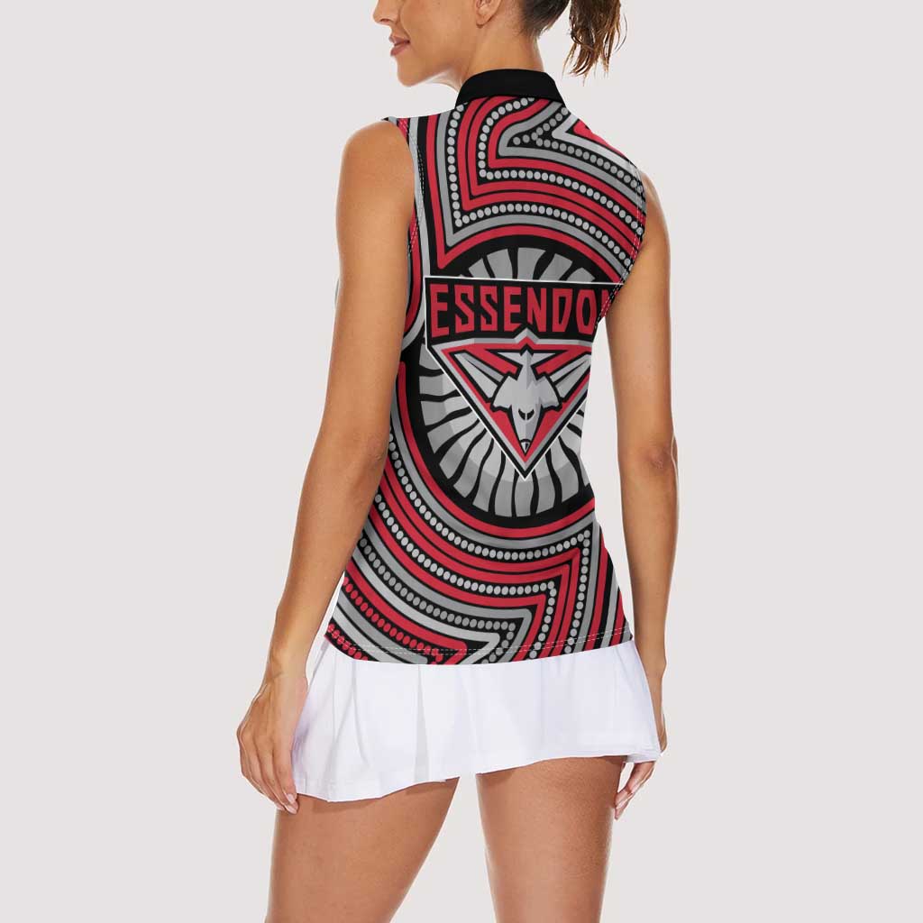 Essendon Football Club Women Sleeveless Polo Shirt Indigenous Monochrome Dot Art Mascot Style