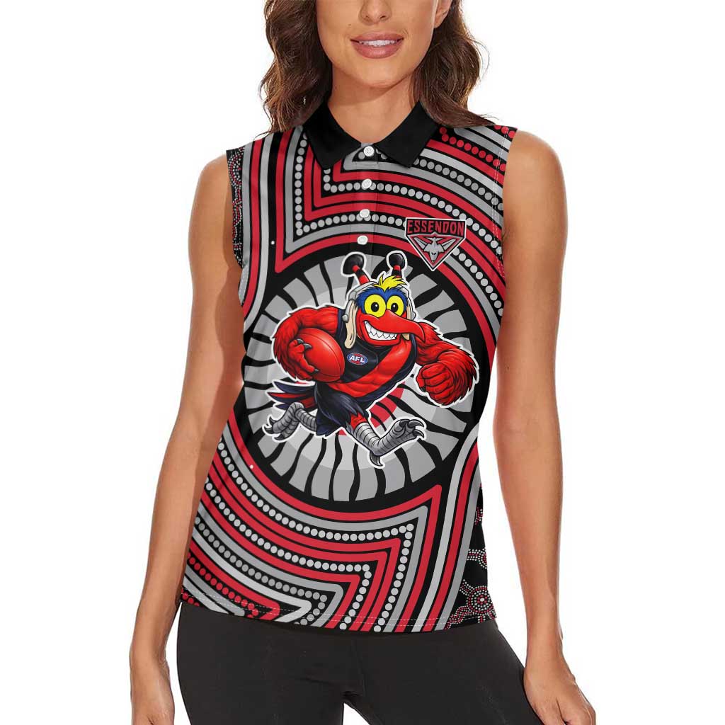 Essendon Football Club Women Sleeveless Polo Shirt Indigenous Monochrome Dot Art Mascot Style
