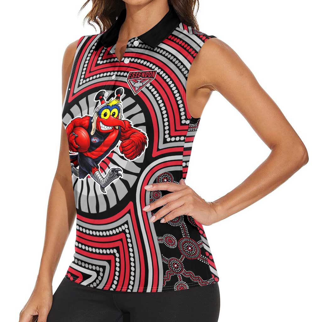 Essendon Football Club Women Sleeveless Polo Shirt Indigenous Monochrome Dot Art Mascot Style