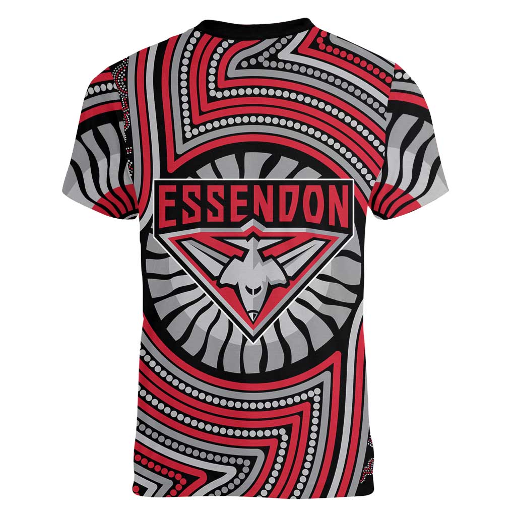 Essendon Football Club Women V-Neck T-Shirt Indigenous Monochrome Dot Art Mascot Style