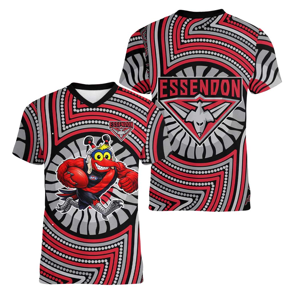Essendon Football Club Women V-Neck T-Shirt Indigenous Monochrome Dot Art Mascot Style