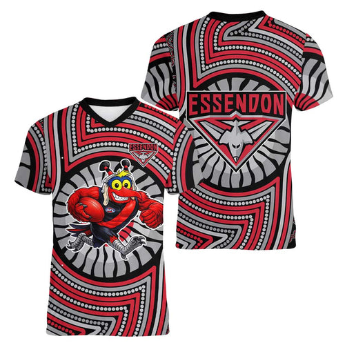 Essendon Football Club Women V-Neck T-Shirt Indigenous Monochrome Dot Art Mascot Style