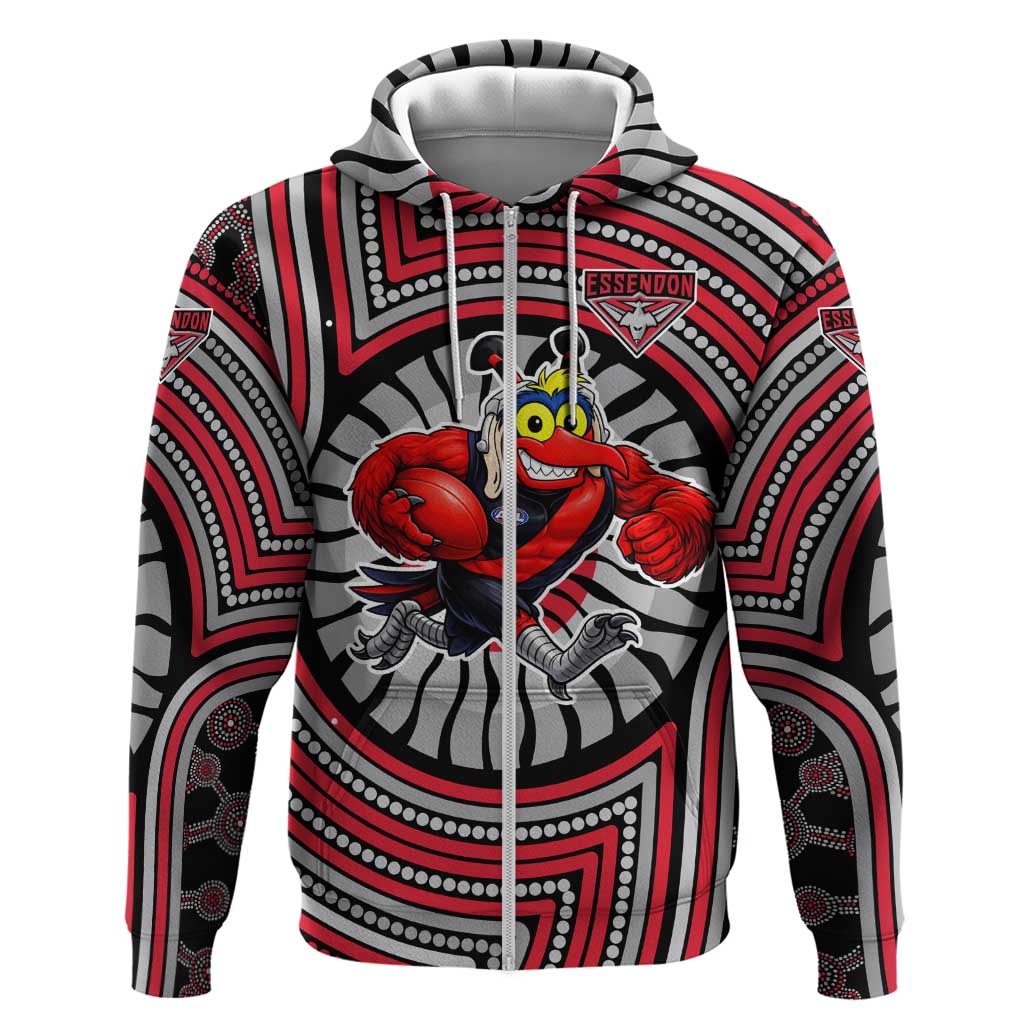 Essendon Football Club Zip Hoodie Indigenous Monochrome Dot Art Mascot Style